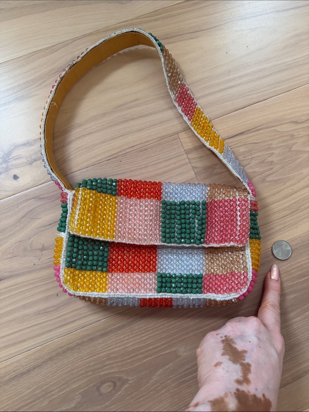Anthropologie Beaded Patchwork Shoulder Bag in Green, Pink, Yellow, Red, Cream - Picture 7 of 8